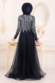 Bleu Marin-Tesettürlü Abiye Elbise - Robe de Soirée Hijab 20690L - Thumbnail