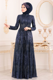 Bleu Marin-Tesettürlü Abiye Elbise - Robe de Soirée Hijab 2083L - Thumbnail