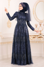 Bleu Marin-Tesettürlü Abiye Elbise - Robe de Soirée Hijab 2083L - Thumbnail