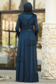 Bleu Marin - Tesettürlü Abiye Elbise - Robe de Soirée Hijab - 2134L - Thumbnail