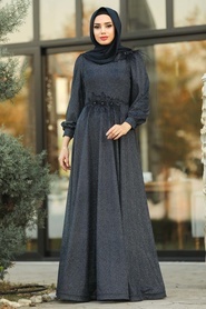 Bleu Marin - Tesettürlü Abiye Elbise - Robe de Soirée Hijab - 21490L - Thumbnail