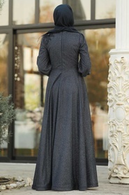 Bleu Marin - Tesettürlü Abiye Elbise - Robe de Soirée Hijab - 21490L - Thumbnail