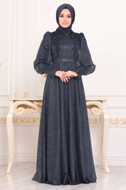Bleu Marin - Tesettürlü Abiye Elbise - Robe de Soirée Hijab - 21521L - Thumbnail