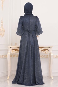 Bleu Marin - Tesettürlü Abiye Elbise - Robe de Soirée Hijab - 21521L - Thumbnail