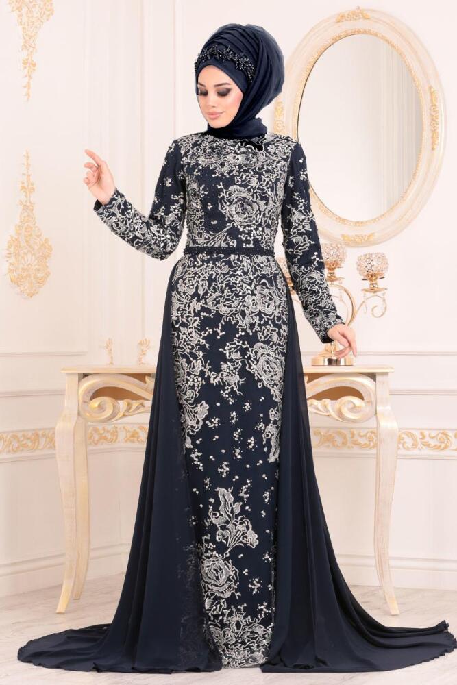Bleu Marin - Tesettürlü Abiye Elbise - Robe de Soirée Hijab 2946L - 1