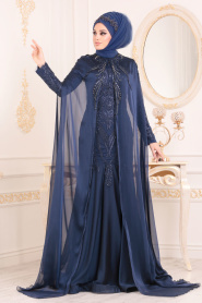 Bleu Marin - Tesettürlü Abiye Elbise - Robe de Soirée Hijab 2949L - Thumbnail
