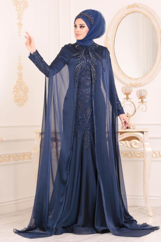 Bleu Marin - Tesettürlü Abiye Elbise - Robe de Soirée Hijab 2949L - 1