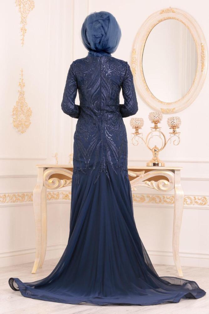Bleu Marin - Tesettürlü Abiye Elbise - Robe de Soirée Hijab 2949L - 2