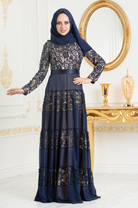 Bleu Marin-Tesettürlü Abiye Elbise - Robe de Soirée Hijab 3120L