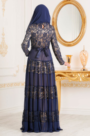 Bleu Marin-Tesettürlü Abiye Elbise - Robe de Soirée Hijab 3120L - Thumbnail