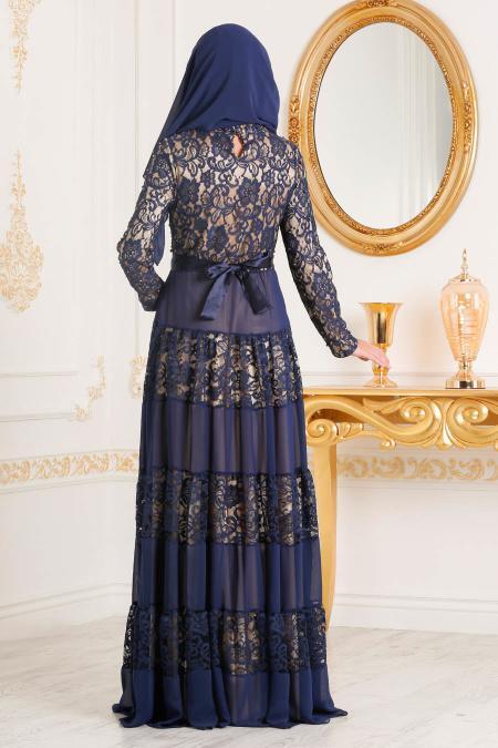 Bleu Marin-Tesettürlü Abiye Elbise - Robe de Soirée Hijab 3120L - 2