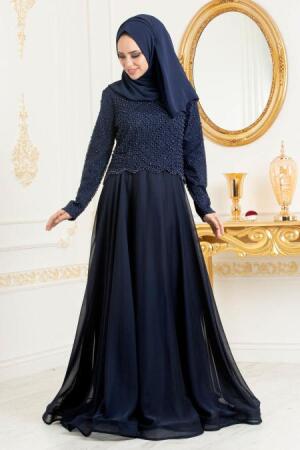 Bleu Marin-Tesettürlü Abiye Elbise - Robe de Soirée Hijab 31260L - 1