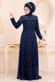 Bleu Marin-Tesettürlü Abiye Elbise - Robe de Soirée Hijab 3130L - Thumbnail