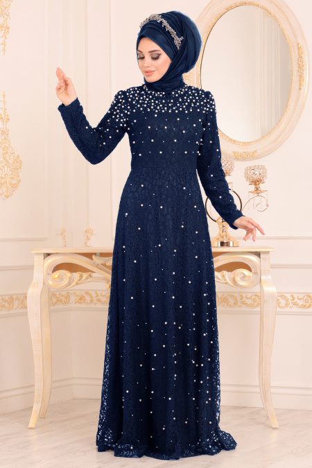 Bleu Marin-Tesettürlü Abiye Elbise - Robe de Soirée Hijab 3130L