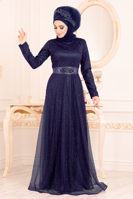 Bleu Marin-Tesettürlü Abiye Elbise - Robe de Soirée Hijab 31470L
