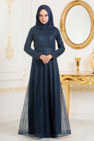 Bleu Marin-Tesettürlü Abiye Elbise - Robe de Soirée Hijab 32501L - Thumbnail