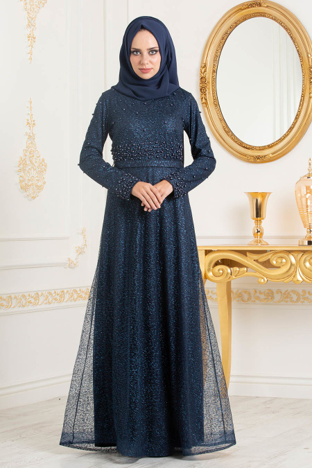 Bleu Marin-Tesettürlü Abiye Elbise - Robe de Soirée Hijab 32501L