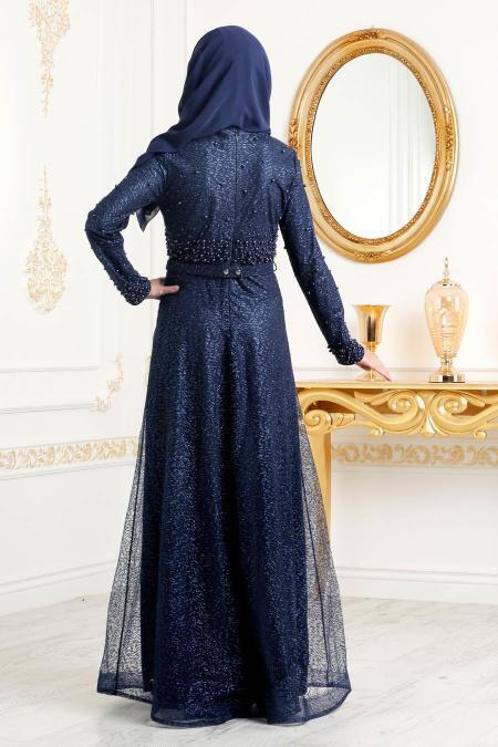 Bleu Marin-Tesettürlü Abiye Elbise - Robe de Soirée Hijab 32501L - 2