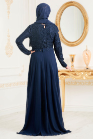Bleu Marin-Tesettürlü Abiye Elbise - Robe de Soirée Hijab 3291L - Thumbnail