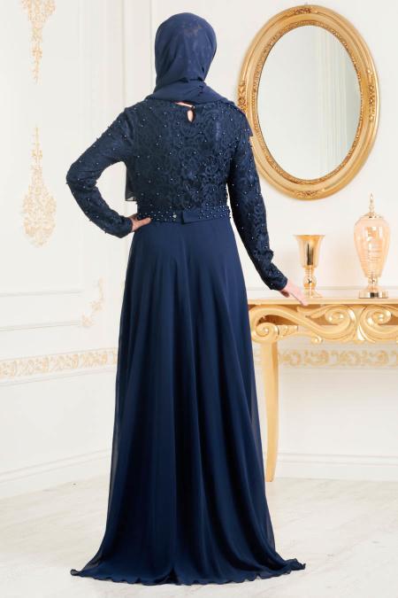 Bleu Marin-Tesettürlü Abiye Elbise - Robe de Soirée Hijab 3291L - 2