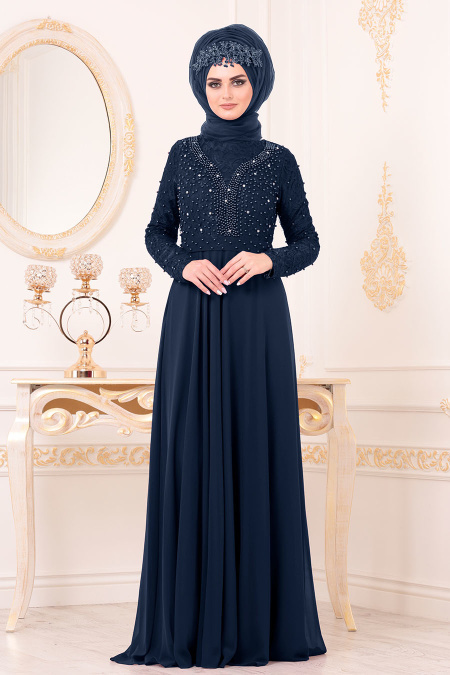 Bleu Marin-Tesettürlü Abiye Elbise - Robe de Soirée Hijab 3291L