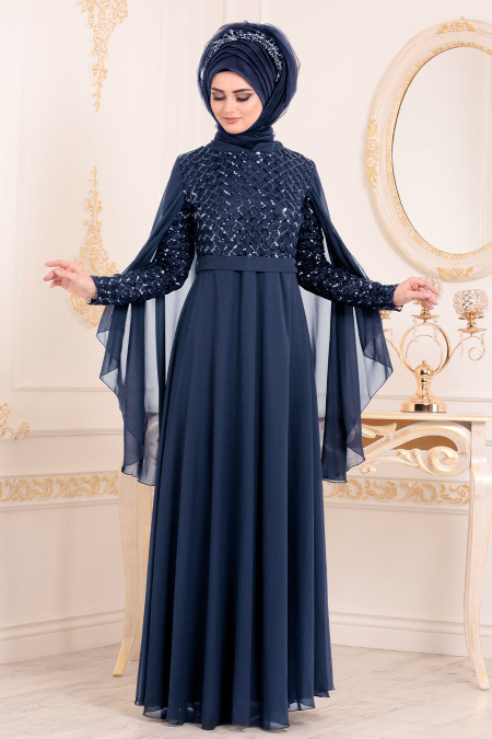 Bleu Marin-Tesettürlü Abiye Elbise - Robe de Soirée Hijab 3293L