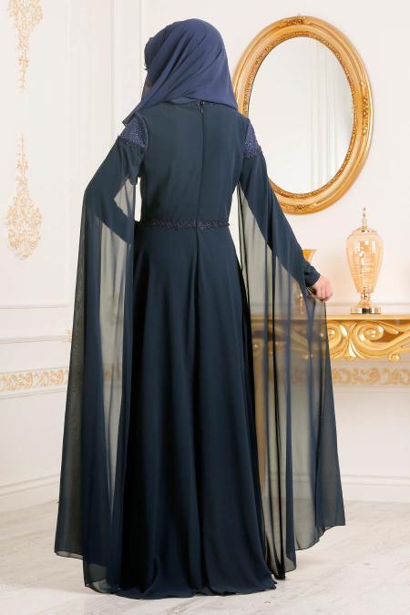 Bleu Marin-Tesettürlü Abiye Elbise - Robe de Soirée Hijab 3294L - 2