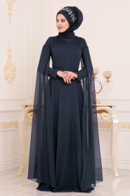 Bleu Marin-Tesettürlü Abiye Elbise - Robe de Soirée Hijab 3294L - Thumbnail