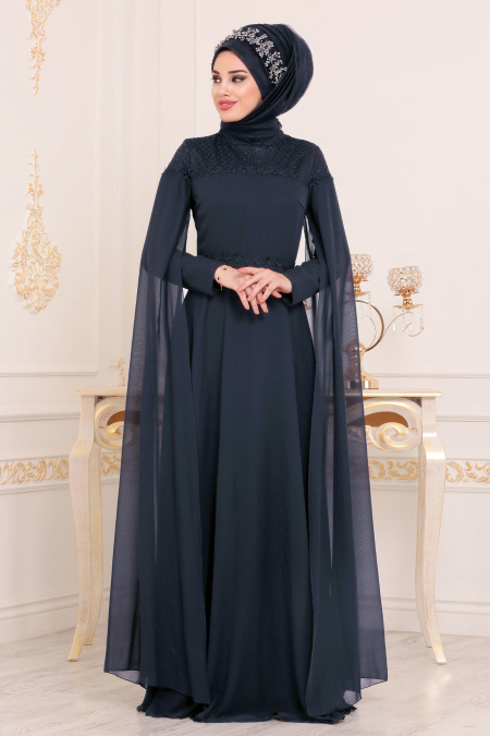 Bleu Marin-Tesettürlü Abiye Elbise - Robe de Soirée Hijab 3294L