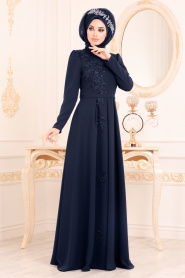 Bleu Marin-Tesettürlü Abiye Elbise - Robe de Soirée Hijab 36201L - Thumbnail