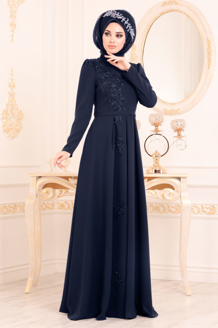 Bleu Marin-Tesettürlü Abiye Elbise - Robe de Soirée Hijab 36201L