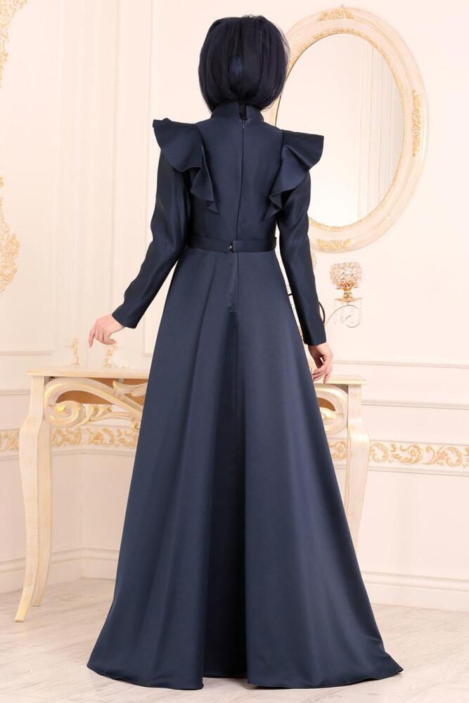 Bleu Marin-Tesettürlü Abiye Elbise - Robe de Soirée Hijab 3695L - 3