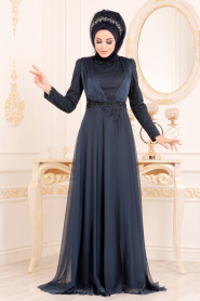 Bleu Marin-Tesettürlü Abiye Elbise - Robe de Soirée Hijab 37390L - Thumbnail