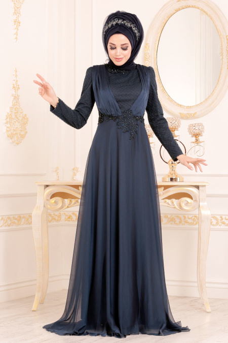 Bleu Marin-Tesettürlü Abiye Elbise - Robe de Soirée Hijab 37390L