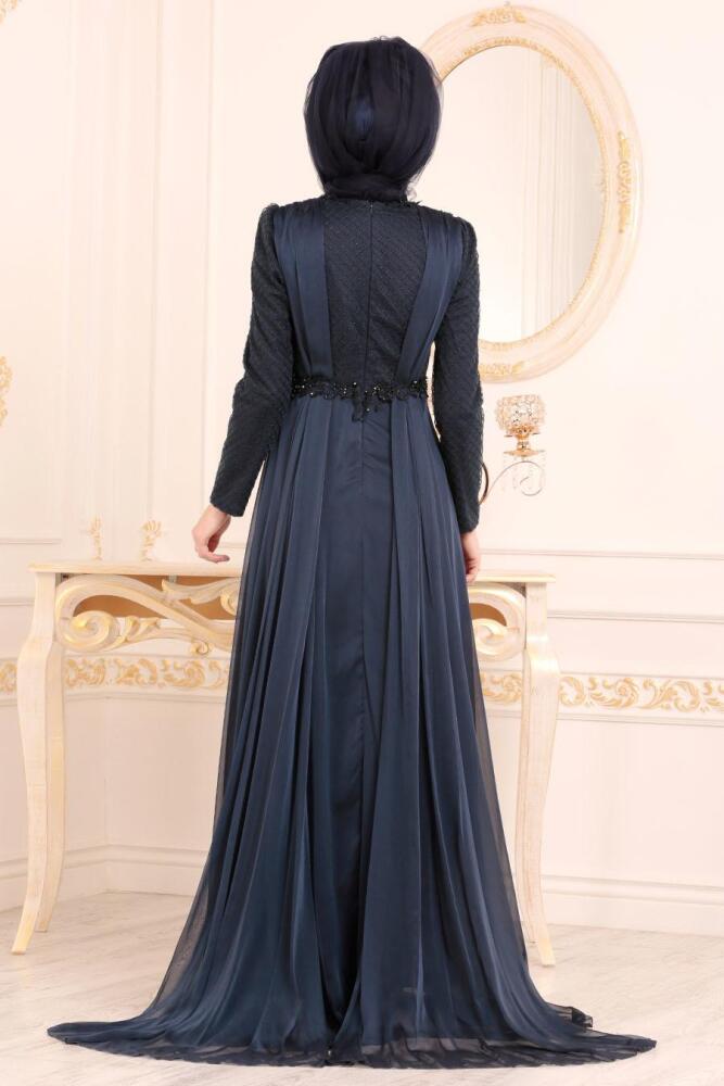 Bleu Marin-Tesettürlü Abiye Elbise - Robe de Soirée Hijab 37390L - 3