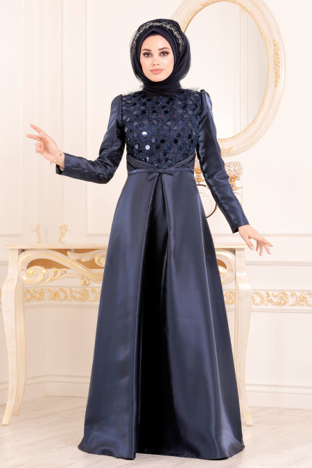 Bleu Marin-Tesettürlü Abiye Elbise - Robe de Soirée Hijab 3755L