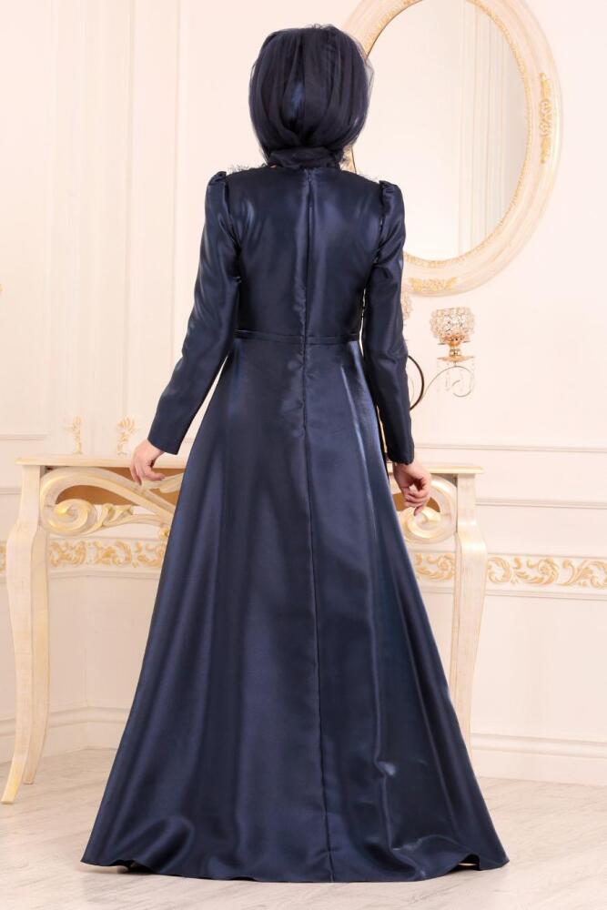 Bleu Marin-Tesettürlü Abiye Elbise - Robe de Soirée Hijab 3755L - 3