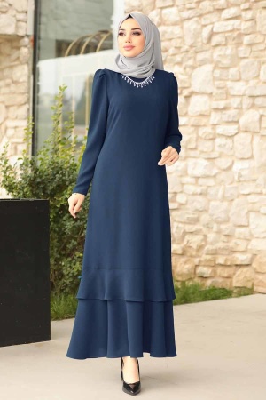 Bleu Marin - Tesettürlü Abiye Elbise - Robe de Soirée Hijab - 3763L - 1