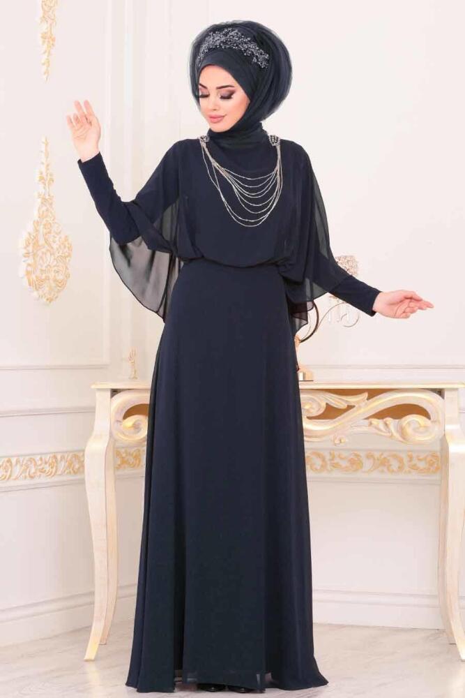Bleu Marin - Tesettürlü Abiye Elbise - Robe de Soirée Hijab - 3829L - 1