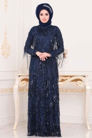 Bleu Marin - Tesettürlü Abiye Elbise - Robe de Soirée Hijab - 3854L - Thumbnail