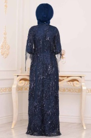 Bleu Marin - Tesettürlü Abiye Elbise - Robe de Soirée Hijab - 3854L - Thumbnail