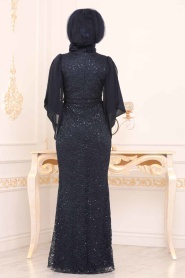 Bleu Marin - Tesettürlü Abiye Elbise - Robe de Soirée Hijab - 3858L - Thumbnail