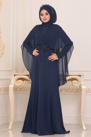 Bleu Marin - Tesettürlü Abiye Elbise - Robe de Soirée Hijab - 39170L - Thumbnail
