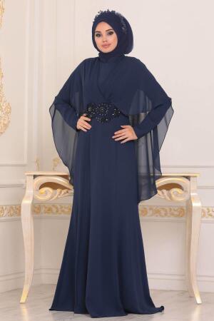 Bleu Marin - Tesettürlü Abiye Elbise - Robe de Soirée Hijab - 39170L - 1