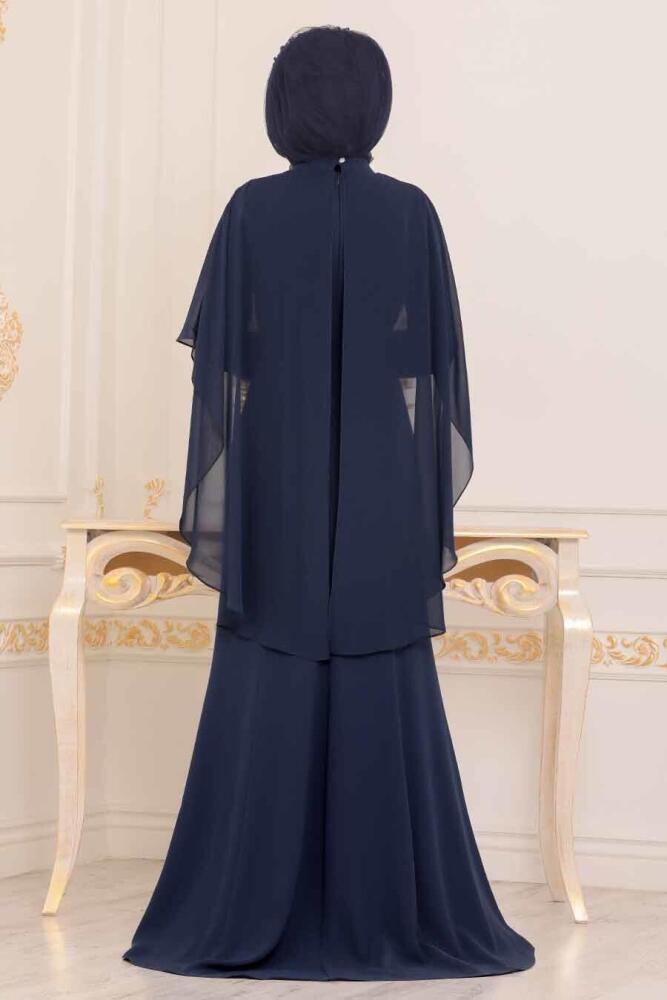 Bleu Marin - Tesettürlü Abiye Elbise - Robe de Soirée Hijab - 39170L - 2