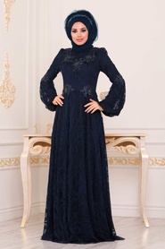 Bleu Marin - Tesettürlü Abiye Elbise - Robe de Soirée Hijab - 3939L - Thumbnail