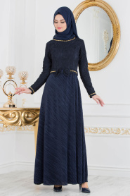 Bleu Marin - Tesettürlü Abiye Elbise - Robe de Soirée Hijab 40370L - Thumbnail