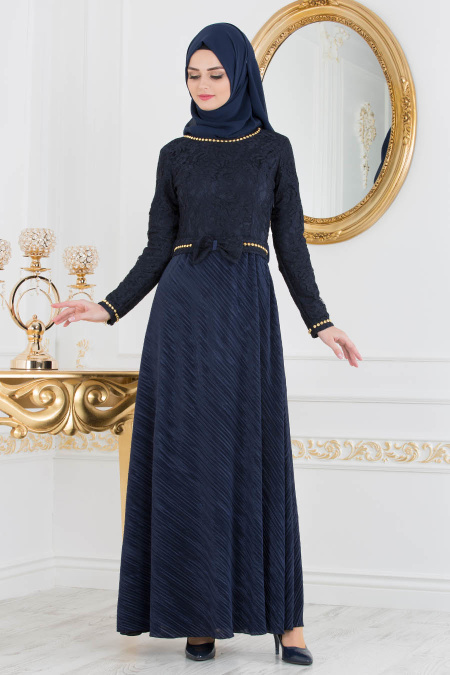 Bleu Marin - Tesettürlü Abiye Elbise - Robe de Soirée Hijab 40370L
