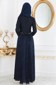 Bleu Marin - Tesettürlü Abiye Elbise - Robe de Soirée Hijab 40370L - Thumbnail