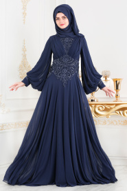 Bleu Marin - Tesettürlü Abiye Elbise - Robe de Soirée Hijab 46620L - Thumbnail